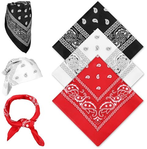 simarro 3 Stück Bandana Kopftuch Damen und Herren, 55 x 55 cm Paisley Muster Halstuch Pirat Cowboy Tuch Vierecktuch für Headwear Haar Schal Ansatz Handgelenk Biker (Rot, Schwarz, Weiß)