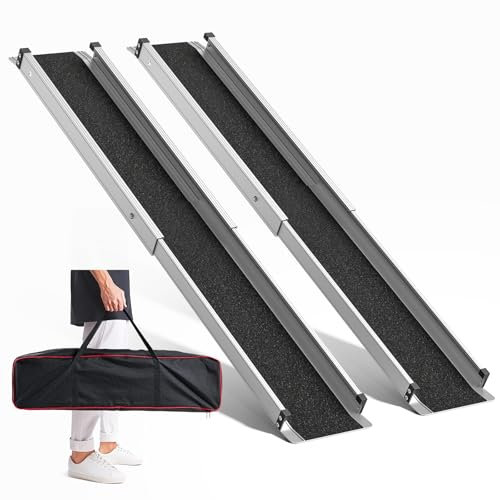 FACHNUO Rampe Télescopique pour Fauteuils Roulants 123 cm Rampe en Aluminium (Charge 272 kg) avec Sacs en Textile - pour escaliers, marches, Portes, Lot de 2