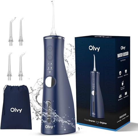 Olvy Munddusche Kabellos Flosser – Wasserflosser mit 5 Modi & 8 Düsen, 300ML Wassertank, Elektrischer Zahnreiniger für Zahnspange & Zahnfleischpflege, IPX7 Wasserdicht, USB-C, Reise-Set