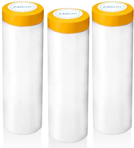 3 Rolls Dust Sheet Rolls, 2.4m x 20m Pre-Taped Plastic Masking Film, Painting Drop Film with Self-Adhesive Tape, Dust-Proof & Waterproof, Transparent Masking Film for Painting, Decorating, Covering