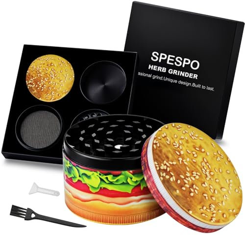 Spespo Grinder, Moulin à Herbes 63mm - Broyeur à Épices Métal 4 pièces | Grattoir à Pollen & Brosse Inclus | Pour Herbes, Épices & Fleurs | Boîte Cadeau Noire Élégante (Hamburger)