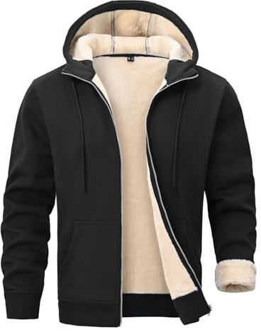 PrimeCrest Sudaderas Hombres con Capucha Cremallera Chaqueta Invierno Forro Polar Sudadera Chaquetas Termica Hoodie Sherpa Casual Algodon Running Deportiva Abrigo con Bolsillos Negro XL