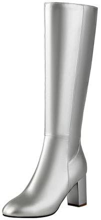 VBEDKDEB Boots - Botas altas hasta la rodilla para mujer, con suela gruesa, tacón alto, pantorrilla ancha, zapatos formales con cordones y cremallera, plata, 40 EU