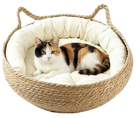 Cama tejida para gatos, natural, lavable, transpirable, portátil, cesta de cama para gatos con cojín, para casa, sala de estar, dormitorio, sofá, mesa, mesita de noche, interior, interior