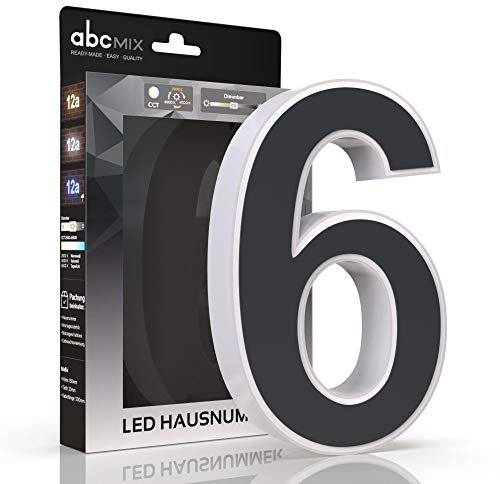 abcMIX LED Hausnummer, personalisierbare beleuchtete Hausnummer, Hausnummernleuchte mit LED - Hausnummer 6, Farbe ANTHRAZIT, Lichtfarbeneinstellung, Dimmbarkeit