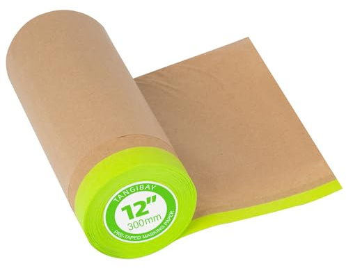 Tangibay Pre-Taped Masking Paper for Painting - 12 inch x 50 feet Tape and Drape Painters Paper, Paint Adhesive Protective Paper Roll for Covering Skirting, Frames, Cars and Auto Body (1 Roll)