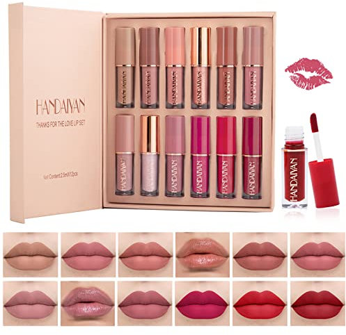 Lishang 12 Pezzi Set Lucidalabbra Liquido Rossetto Lunga Durata Tinta Labbra Lip Gloss Kit Rossetti Matte Opaco Labbra Rosso Brillantini Trousse Trucchi Bellezza Cofanetto Donna Ragazza Regalo