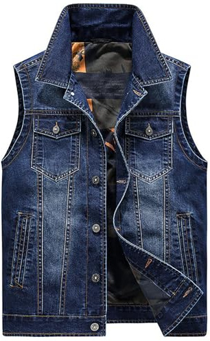 Youthful flying Hombre Chaleco Vaquera Clásico Chaleco Mezclilla Sin Manga Solapa Chaleco Motero Retro Chaqueta Denim Slim Fit(Size:L,Color:Vaquero Claro)