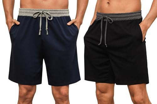 Nieery 2-pack pyjamasbyxor herr, korta bomull, sommar, pyjamas, shorts, fritidsbyxor, loungebyxor med sidofickor och elastisk linning