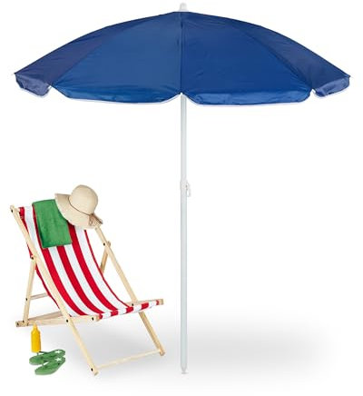 Relaxdays Sonnenschirm, Ø 160 cm, knickbar, höhenverstellbar, UV-Schutz, Strandschirm mit Tasche, Strand & Balkon, blau