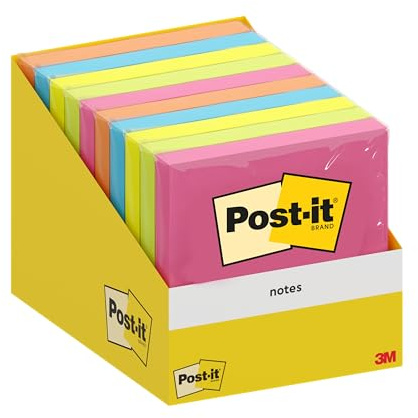 Post-it Notes, Assorted Colours, Pack of 10 Pads, 100 Sheets per Pad, 76 mm x 76 mm, Cardboard Pack, 100% PEFC - Self-Stick Notes for Note Taking, to Do Lists & Reminders