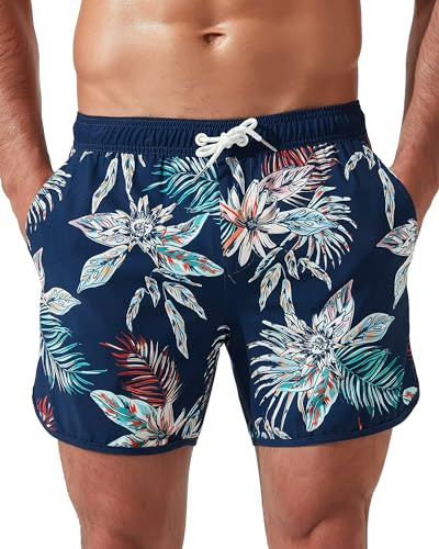 Arcweg badshorts för män 2 i 1 vintage badbyxor med kompressionsfoder snabbtorkande surfing stretchiga strandshorts, Blå blomma, L