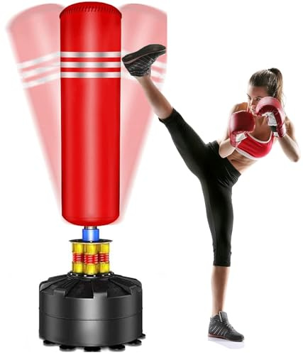 Moziel Sac de Frappe sur Pied Debout pour Adulte 175 cm Sac de Boxe Autoportant avec 12 Ventouses(Rouge)