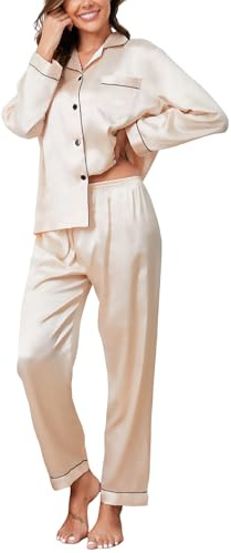 Reliwel satinpyjamas, dam, långärmad pyjamas-set med knappslå V-ringad, tvådelat nattkläder, mjuk sidenpyjamas, klassisk vardagskläder, hemmadräkt Pjs