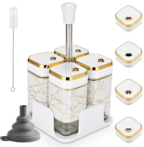 TDSYDS Gewürzgläser Eckig,120ML Gewürzdosen Set mit Streueinsatz Menage set,Salz und Pfefferstreuer/Gewürzstreuer Set mit Weiß Drehdeckel,4 Gewürzgläser mit Regal