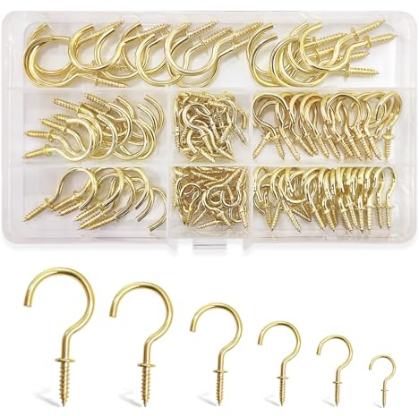 SHRJ 105Pcs Metal Cup Hook Kit 7 Sizes Screw Hooks Screw-in Ceiling Hooks for Home Outdoor Attachment and Suspension (1/2, 5/8, 3/4, 7/8, 1'', 1-1/4) (Gold)
