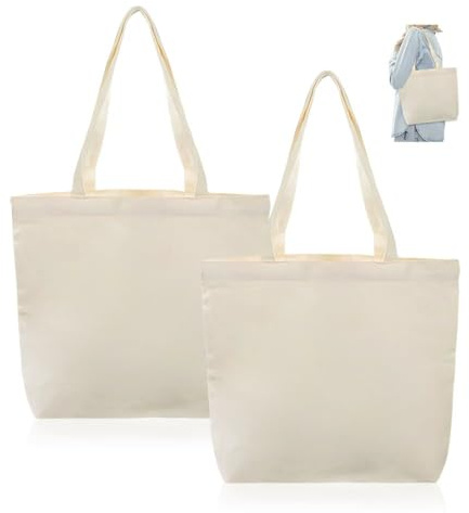 HMCEY 2 Pezzi Borsa Tela Shopper 40x35x10 CM,Borsa Spesa Cotone,Canvas Tote Bag,Borse Tessuto da Decorare,Borsetta A Mano Riutilizzabili,Borse Tracolla di Stoffa,Sacchetti A Spalla per Shopping