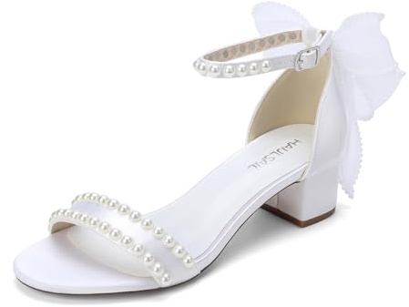 HAULSAIL White Pearl Heels,Wedding Shoes for Bride,Low Block Heel with Bow
