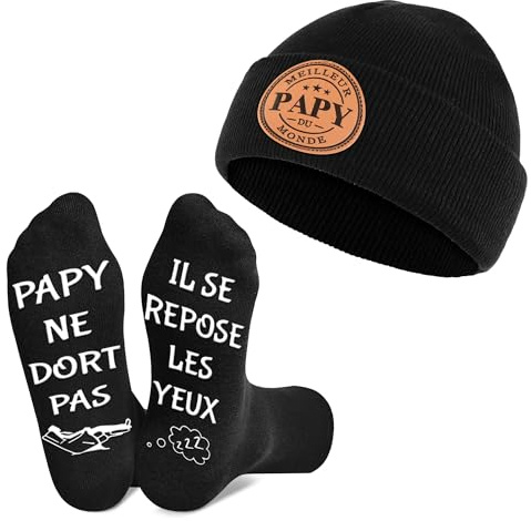 Merclix Idee Cadeau Papy Noel Anniversaire Chaussette Homme Humour 43-46 Bonnet Noir Homme Chaud Cadeau Grand Pere 70 Ans 80 Ans Original Fete Des Grand Pere