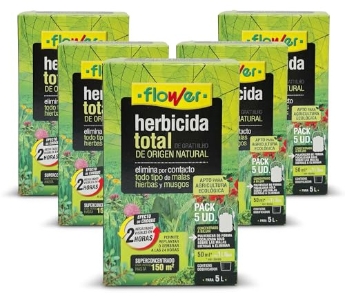 FLOWER x5 Herbicida Total Ecológico Origen Natural 750 m² | Elimina Malas Hierbas y Musgos | Alternativa Glifosato | Resultados 2 Horas | 1250ml + Dosificador Diluir 25L Agua | Súper Concentrado