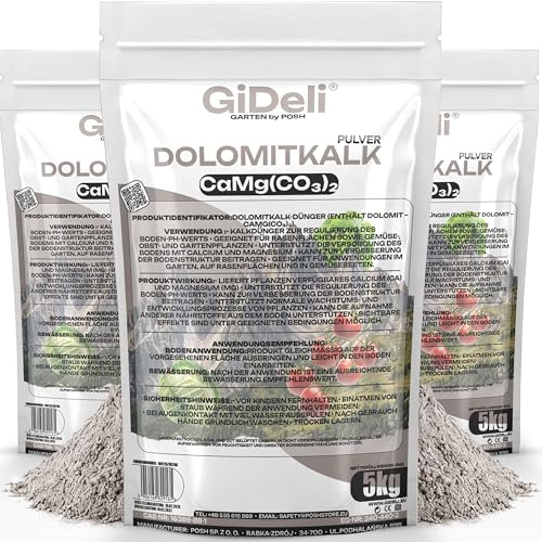 GiDeli Dolomitkalk 3x5 kg – Gräskalk för vårpuder: Höjer jordens pH-värde – Trädgårdskalk för bättre jordstruktur – Motverkar mossa, rik på kalcium och magnesium