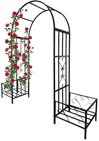 Relaxdays Rosenbåge metall, med planteringslådor, bågträdgård, HBT 206 x 216 x 50 cm, spaljé för klätterväxter, svart