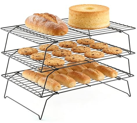 BTCLASSIC Rejilla de Enfriamiento de 3 Niveles Apilable, Rejillas para Enfriar Repostería Antiadherente, Rejilla de Acero al Carbono Plegable para Galletas, Bizcochos, Magdalenas, Pan, 34x 24 cm