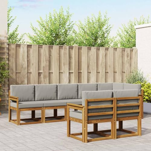 YunCangg Outdoor Sofa Set with Cushions, 8 Pieces, Natural and Light Grey, Solid Acacia Wood Set for Garden, Patio, Balcony, Modular Seating Group Ensemble for Relaxing, Dining