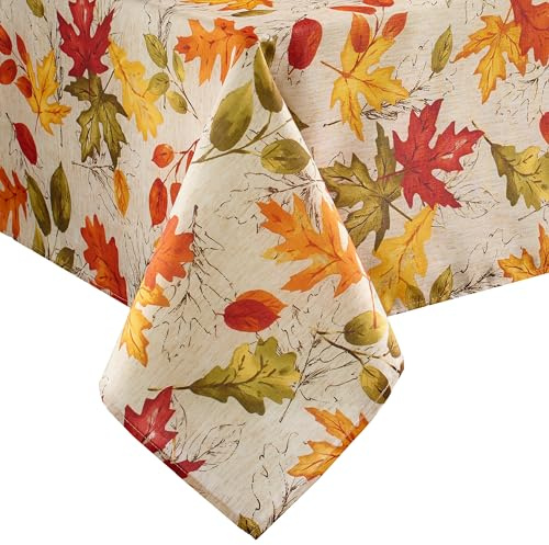 Elrene Home Fashions Autumn Leaves Fall Printed Wrinkle Resistant Tablecloth, Holiday Table Cover for Formal or Everyday Use, 60x84 Oblong/Rectangle