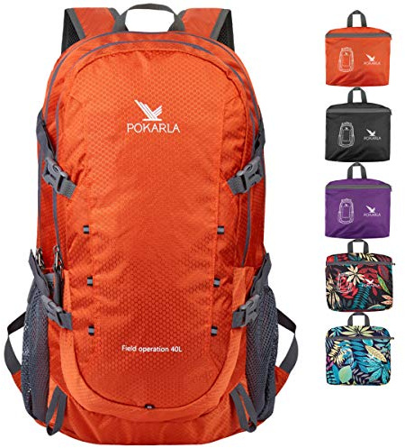 POKARLA 40L Foldable Rucksack Travel Hiking Daypack Durable Lightweight Walking Camping Folding Sports Outdoor Backpack Water Resistant Ultra Lightweight Packable Carry On Bag Unisex Orange