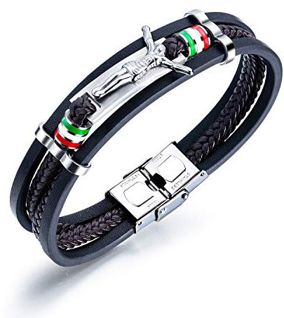 Feilok Lederarmband Herren Armband Männer Leder Edelstahl Jesus Kreuz Echtlederarmband Schwarz Geflochten mit Push-Pull-Verschluss Einstellbarem