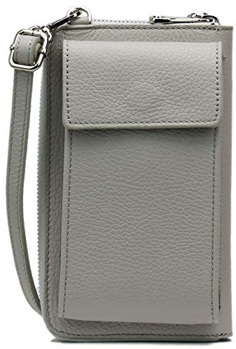 SH Leder Damen Handytasche Umhängetasche Geldbörse Multifunktion Beutel aus Echtleder Verstellbar Schultergurt Handy bis 6,8 Zoll 11,50x19cm Sarah G339 (Hellgrau)