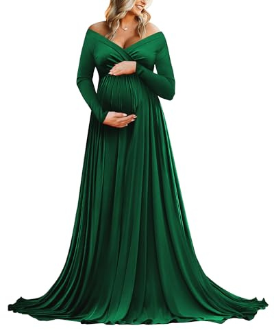 Saslax Maternity Off Shoulders Half Circle Gown for Baby Shower Photo Props Dress, N-Green 131, M