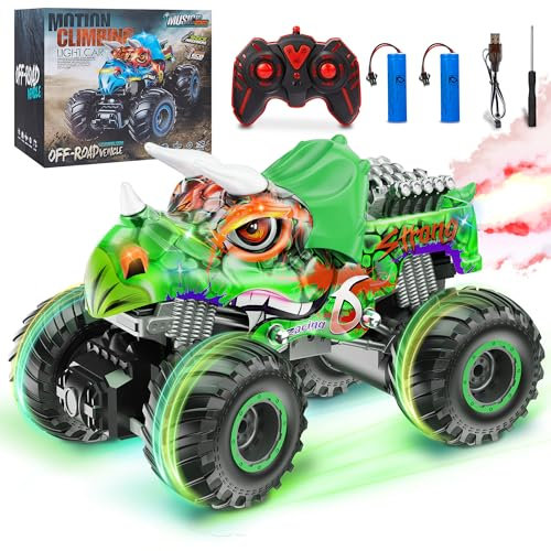MOJINO Remote Control Car, Monster RC Car Truck for Kids Boys Age 6 7 8 9 10, 1:16 Dinosaur Toys Gift for Boys Gril 3+ with Sprays Light, All Terrains RC Drift Car, 60Min Play Time, Green