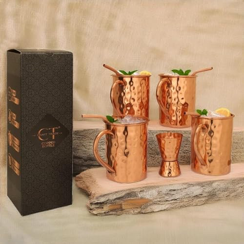 Craft Trade Moscow Kupfer Mule Becher Set Rein Kupferbecher Gehämmertem Kupferstrohhalmen Cocktailbecher Perfekter Messbecher Becher für kalte Getränke Bier Party- 04 Stück