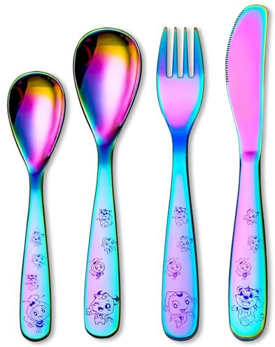 4 Pcs Rainbow Cutlery Set for Kids - Stainless Steel Knives and Forks Set Spoon Set with Colours Titanium Plated, Childrens Cutlery Set Personalised Flatware Set for Camping Travel Home