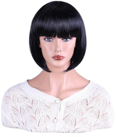SOUTHSKY - Parrucca corta nera stile Bob con frangia, capelli lisci e piatti, fibra resistente al calore, parrucca sintetica per donne, carnevale, festa, ballo in maschera, costumi di Halloween