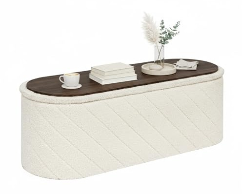 Bonlife Oval Ottoman with Storage Bench, Folding Foot Rest with Lid, Boucle End of Bed Bench,Foostool for Living Room,Bedroom,Entryway,Cream,110x38x38cm
