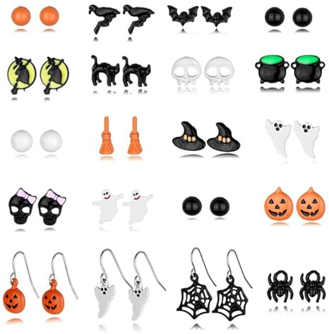 BVLAGIDA 20 Paires Boucles d'oreilles Halloween pour Femmes Filles Boucles d'oreilles Pendante Citrouille Araignée Chat Chauve Souris Fantôme Halloween Bijoux