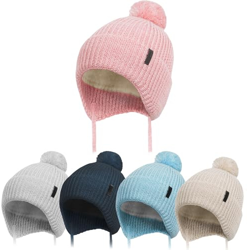 molti Bonnet d'hiver pour enfant en 100 % laine mérinos avec doublure polaire - Bonnet tricoté avec ruban et pompon - Chaud et doux - Certifié Oeko-TEX - Taille 46-48 - Marron, Rose, 46-48
