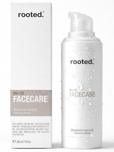 rooted.® Anti-Aging Hyaluron Serum – Duo-Hyaluronsäure – straffend, feuchtigkeitsspendend & glättend, mildert Fältchen – mit Bio-Hibiskusblüten, Pflanzenölen & Squalan – Naturkosmetik Made in Germany