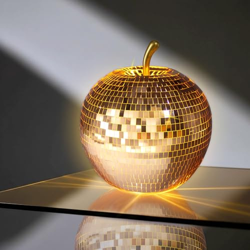 Spetebo Vetro a LED da discoteca, mela, 16 cm, bronzo, frutta decorativa effetto sfera da discoteca, con timer, lampada da tavolo con catena di luci a batteria, alimentato con timer
