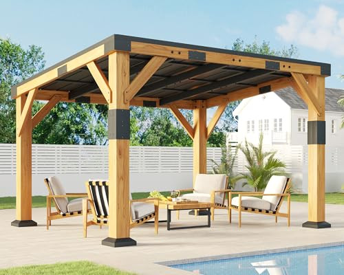 Jocisland 10' x 12' Cedar Wood Gazebo with Sloped Galvanized Steel Roof, Hardtop Gazebo Pavilion with Durable, Rot-Resistant Construction, Permanent Outdoor Pergola for Backyard, Garden & Deck