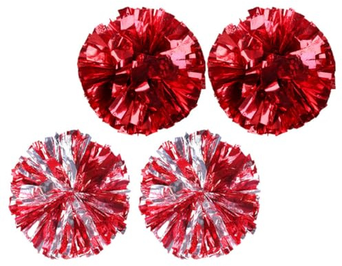 Kichvoe Lot de 4 Pompons de Cheerleading Légers, 30 Cm Rouge Vif et Argenté, Accessoires pour Pom-Pom, Équipe de Soutien Sportif, pour Événements, Danses et Encouragements Sportifs