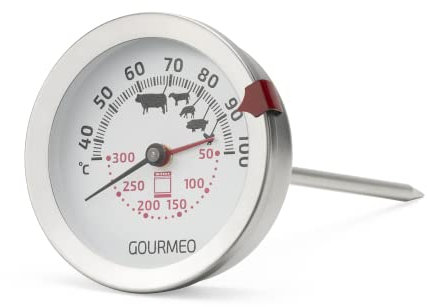GOURMEO Termometro per Carne 2-in-1 - da Cucina in Acciaio Inox per Forni Elettrici o a Gas - per Temperatura di Carne e Forno - Display Analogico fino a 100 °C