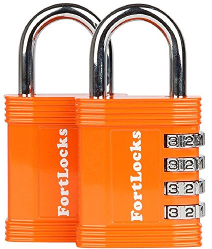FortLocks Gym Padlock | 4-Digit Combination Lock for Indoor Lockers & Outdoor Use | Heavy-Duty, Rustproof, Weatherproof | 2-Pack, Orange
