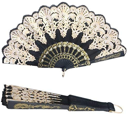 Kofun Hand-Faltfächer/Blumenfächer, spanischer Stil, schwarz, das ideale Geschenk für Weihnachten, zur Hochzeit, für Parties; tolle Deko