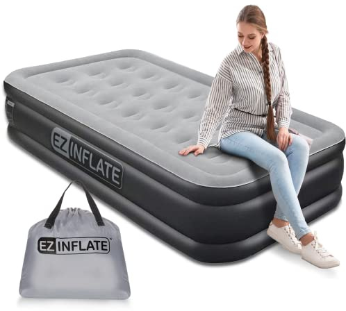 EZ INFLATE Double High Twin Air Mattress with Built in Pump, Inflatable Mattress, Twin airbed with Flocked top