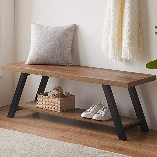 LVB Entryway Bench with Storage, Industrial Wood Metal Storage Bench for Hallway Dining Living Room, Famrhouse Shoe Rack Indoor Accent Seating Benchs for Entrance Bedroom, Rustic Oak 120cm