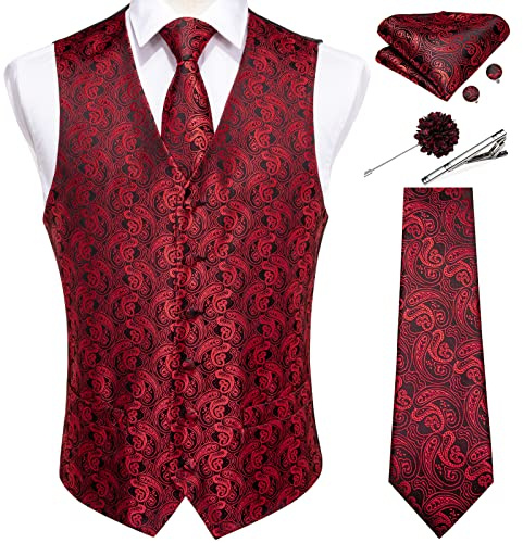 DiBanGu Paisley väst och formell slips med kavajnål brosch slipsklämma herr väst slips set silke ficka fyrkantiga manschettknappar bröllop affärer, Bourgogne paisley, M